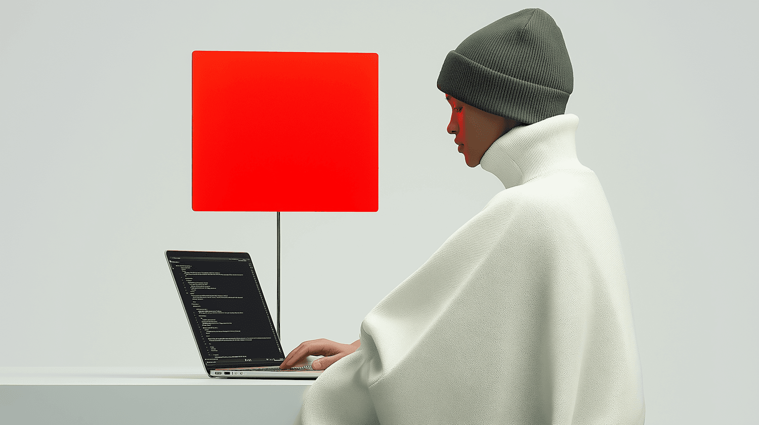 A student writing code on a laptop in a calm, minimal workspace